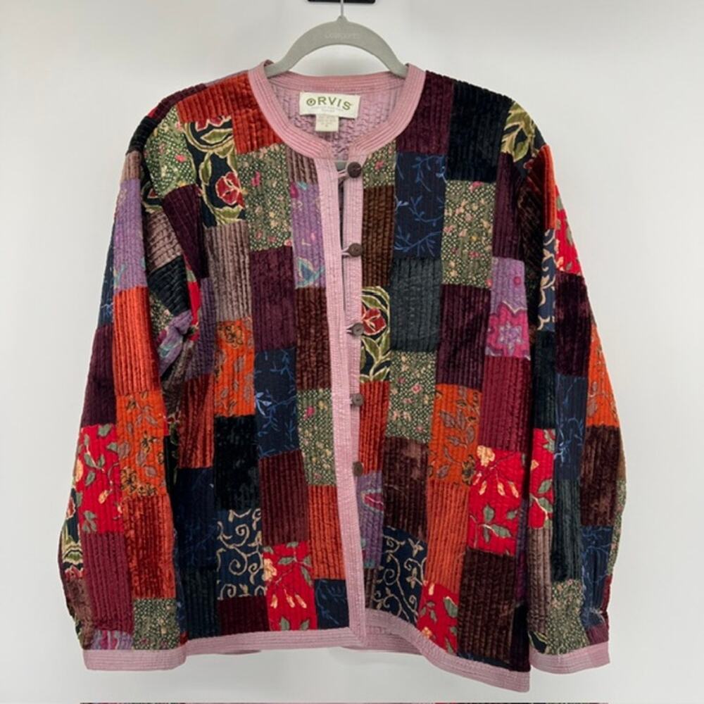Orvis Patchwork Button Front Jacket Womens S Floral Mosaic Cottage Boho Art2Wear